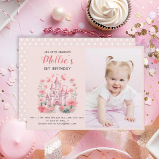 Kleine Girls 1. Geburtstag Pink Castle Foto Einladung