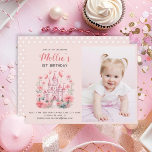 Kleine Girls 1. Geburtstag Pink Castle Foto Einladung