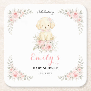 Kleine goldene Mädchen-Baby-Party - Floraler Hund Rechteckiger Pappuntersetzer