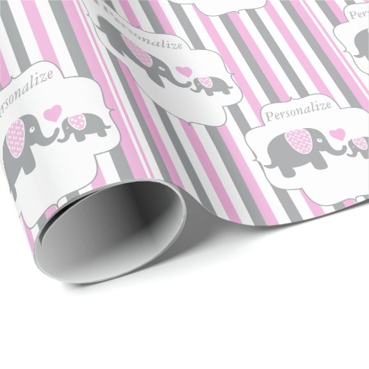 Kleine, graue und rosa Striplephants Babydusche Geschenkpapier (Rolleneckpunkt)