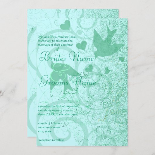 Kleine Größe kann Minze Blue Birds & Wirbel ändern Einladung (Vorne/Hinten)