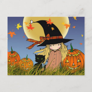 Kleine Halloween-Hexe und Katze Postkarte