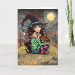 Kleine Halloween-Hexe und schwarze Katze Karte