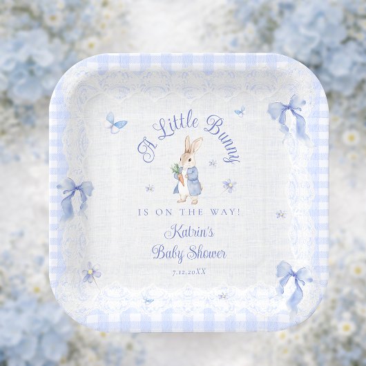 Kleine Hasen Gingham Blau Baby Shower Pappteller