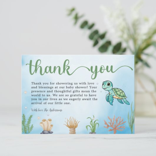 Kleine Hatchling Sea Turtle Baby Dusche Vielen Dan Dankeskarte (Stehend Vorderseite)