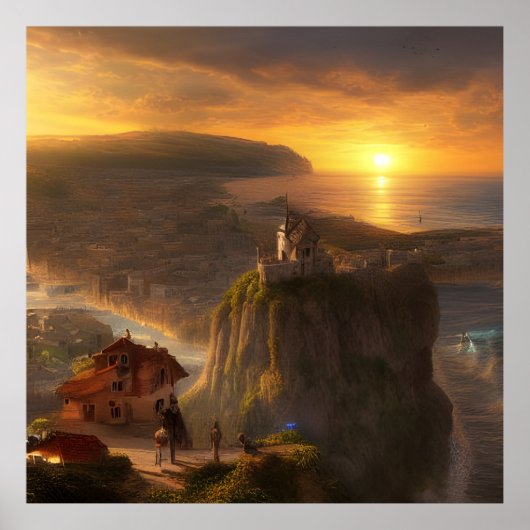 Kleine Häuser auf einer Klippe das Meer und die So Poster (Vorne)