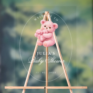 Kleine Herz-Rosa-Gingham-Teddybär-Baby-Party Acrylschild