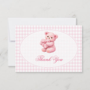 Kleine Herz-Rosa-Gingham-Teddybär-Baby-Party Einladung
