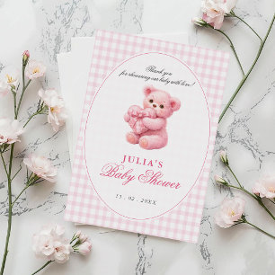 Kleine Herz-Rosa-Gingham-Teddybär-Baby-Party Einladung