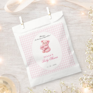 Kleine Herz-Rosa-Gingham-Teddybär-Baby-Party Geschenktütchen
