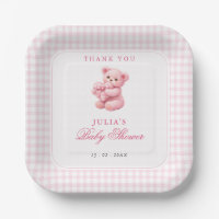 Kleine Herz-Rosa-Gingham-Teddybär-Baby-Party