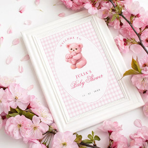Kleine Herz-Rosa-Gingham-Teddybär-Baby-Party Poster