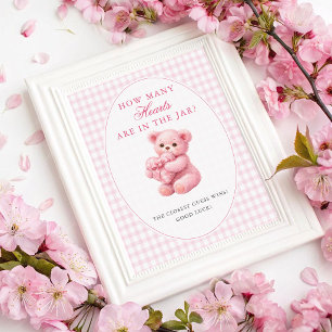 Kleine Herz-Rosa-Gingham-Teddybär-Baby-Party Poster