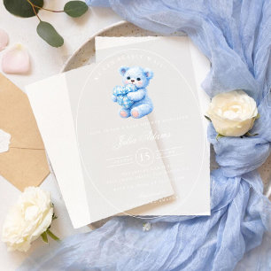 Kleine Herzen Blau Gingham Teddy Bär Baby Shower Acryleinladungen