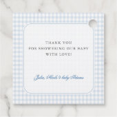 Kleine Herzen Blau Gingham Teddy Bär Baby Shower Geschenkanhänger (Rückseite)