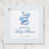 Kleine Herzen Blau Gingham Teddy Bär Baby Shower Geschenkanhänger (Vorderseite)