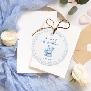 Kleine Herzen Blau Gingham Teddy Bär Baby Shower Geschenkanhänger