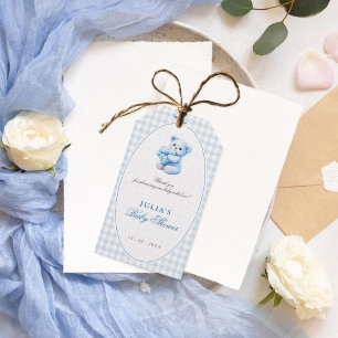Kleine Herzen Blau Gingham Teddy Bär Baby Shower Geschenkanhänger