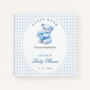 Kleine Herzen Blau Gingham Teddy Bär Baby Shower Notizblock