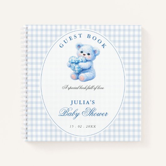 Kleine Herzen Blau Gingham Teddy Bär Baby Shower Notizblock (Vorderseite)