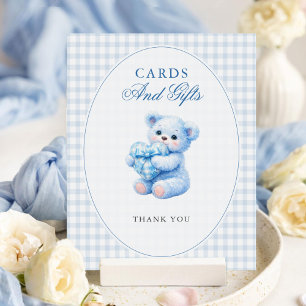 Kleine Herzen Blau Gingham Teddy Bär Baby Shower Poster