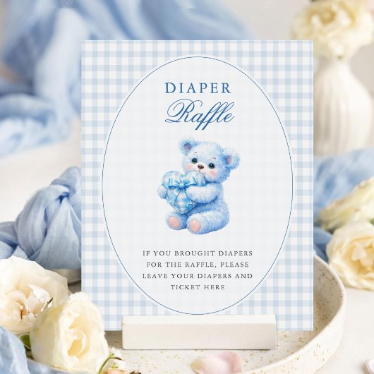 Kleine Herzen Blau Gingham Teddy Bär Baby Shower Poster