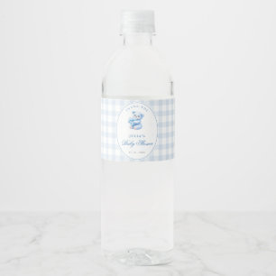 Kleine Herzen Blau Gingham Teddy Bär Baby Shower Wasserflaschenetikett