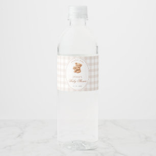 Kleine Herzen braun Gingham Teddy Bär Baby Shower Wasserflaschenetikett