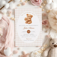Kleine Herzen braun Gingham Teddybär Baby Shower