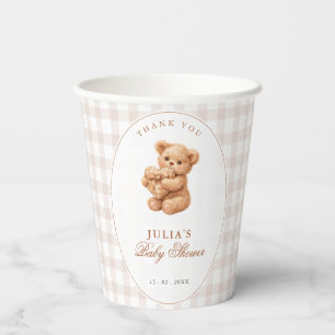 Kleine Herzen braun Gingham Teddybär Baby Shower Pappbecher