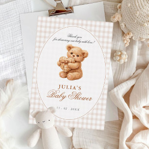 Kleine Herzen braunes Gingham-Teddybär-Baby-Party Einladung