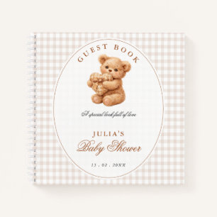 Kleine Herzen braunes Gingham-Teddybär-Baby-Party Notizblock