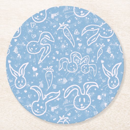 Kleine Herzen und Bunnies - transparentes Muster. Runder Pappuntersetzer (Vorderseite)