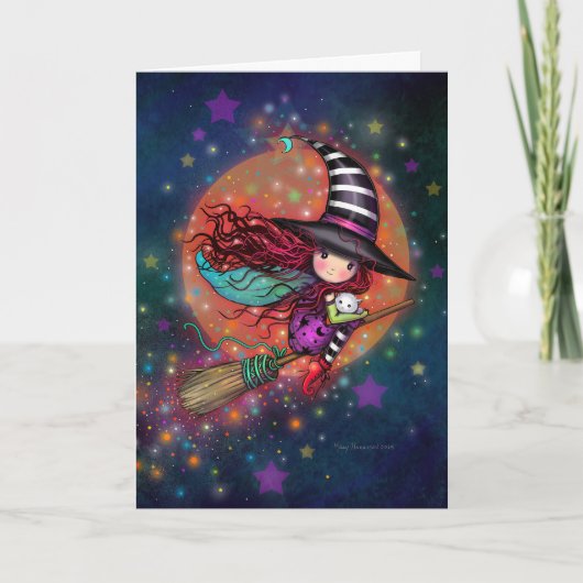 Kleine Hexe auf dem Zimmer mit ihrer Katze Karte (Vorderseite)
