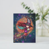 Kleine Hexe auf dem Zimmer mit ihrer Katze Postkarte (Stehend Vorderseite)