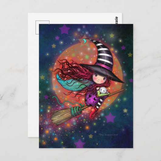 Kleine Hexe auf dem Zimmer mit ihrer Katze Postkarte (Vorne/Hinten)