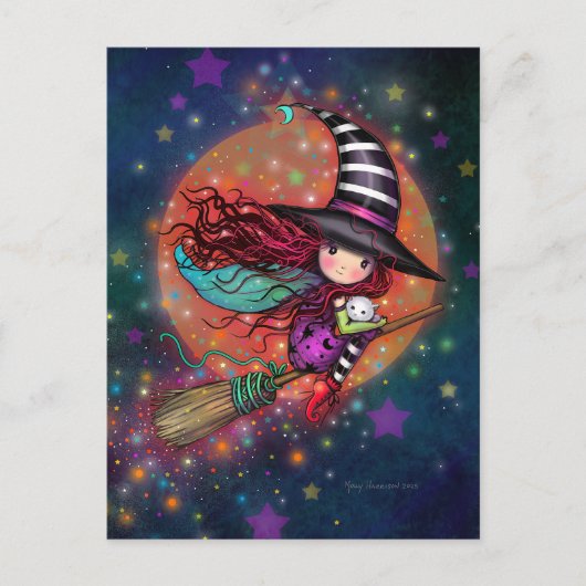 Kleine Hexe auf dem Zimmer mit ihrer Katze Postkarte (Vorderseite)