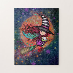 Kleine Hexe mit Katze Halloween Kunst Puzzle