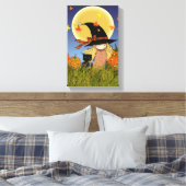 Kleine Hexe mit schwarzem KatzenHalloween-Leinwand Leinwanddruck (Insitu (Schlafzimmer))