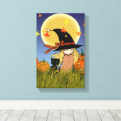 Kleine Hexe mit schwarzem KatzenHalloween-Leinwand Leinwanddruck (Insitu (Holzboden))