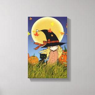 Kleine Hexe mit schwarzem KatzenHalloween-Leinwand Leinwanddruck