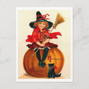 Kleine Hexe sitzt auf einem großen Kürbis vintage Postkarte