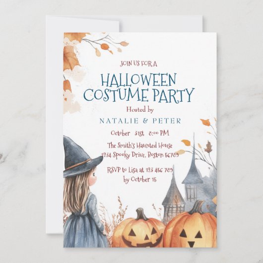 Kleine Hexe und Castle Halloween Party Einladung (Vorderseite)