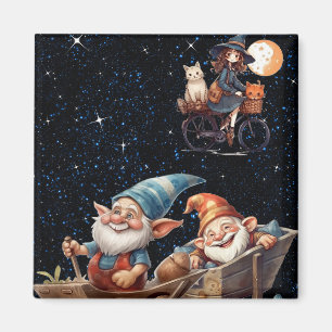 Kleine Hexe und glückliches Genie im Sternenhimmel Magnet