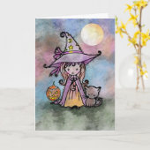 Kleine Hexe-und Katzen-Halloween-Karte Karte (Gelbe Blume)