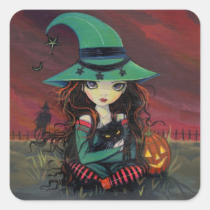 Kleine Hexe und schwarze Katze Halloween-Aufkleber Quadratischer Aufkleber