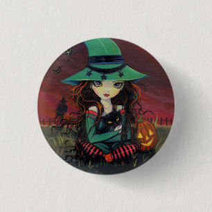Kleine Hexe und schwarze Katze Halloween Knopf Button