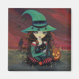 Kleine Hexe und schwarze Katze Halloween-Magnet Magnet
