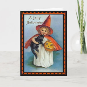 Kleine Hexe und schwarze Katze Vintage-Halloween-K Karte