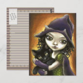Kleine Hexe und schwarzes Kätzchen Postkarte (Vorne/Hinten)